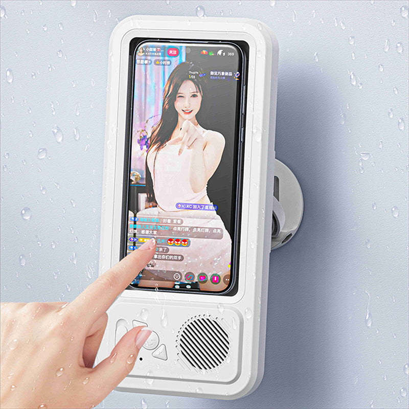 Mobile phone case with speaker included for shower.